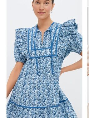 Blue Floral Puff-Sleeve Cotton Tunic Dress